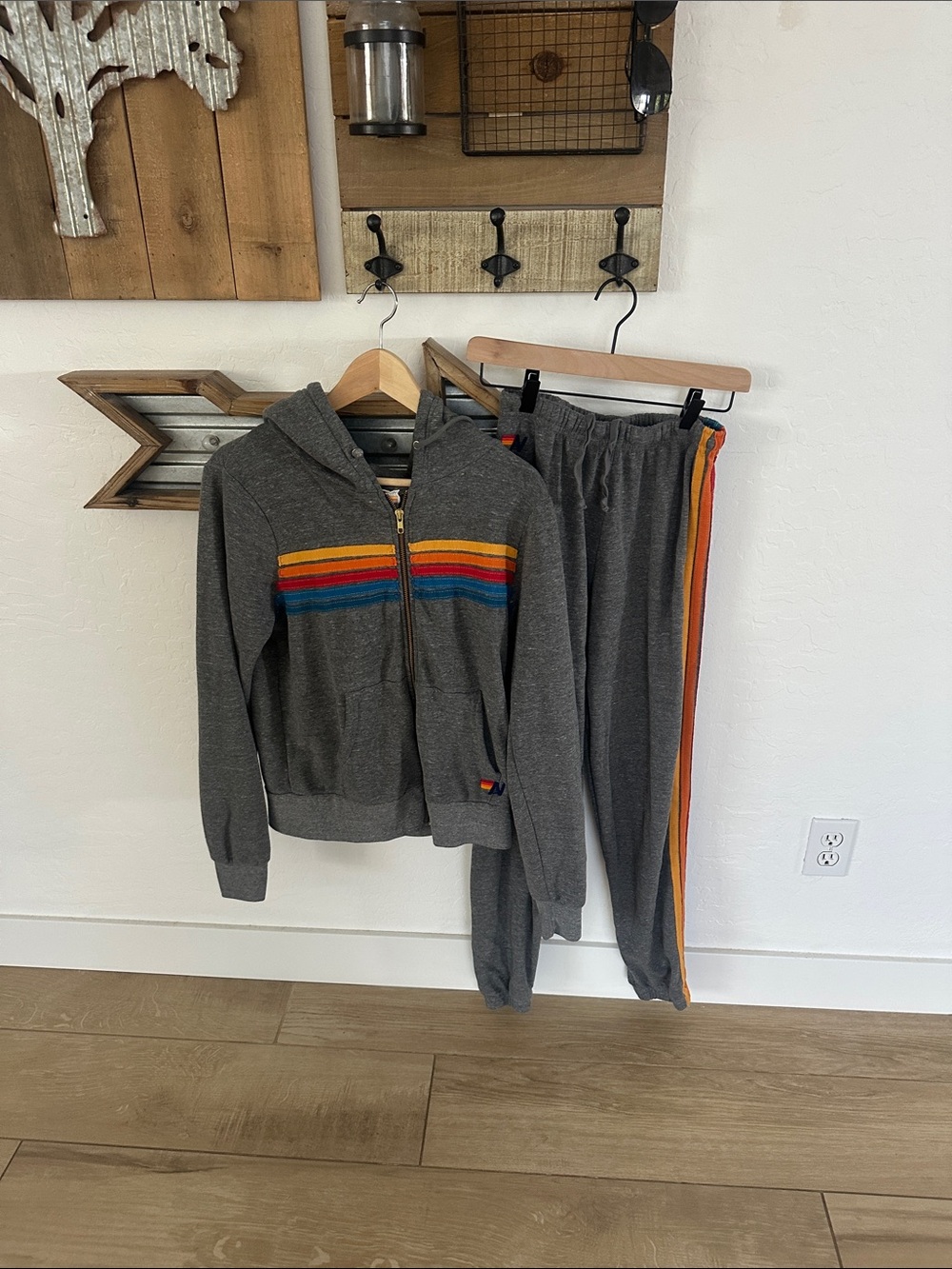 Women’s ultra soft Aviator Nation Grey Hooded Sweater with Multicolor Stripe
